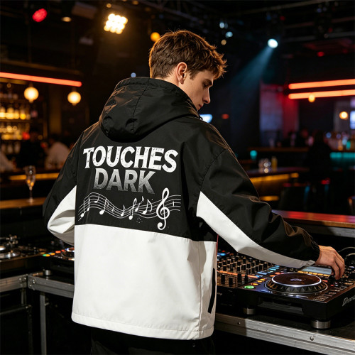 Graphic Music Note Pill DTG Print Patchwork Hooded Jacket | Music Sonic-Wear Color Block Jacket | Custom Streetwear