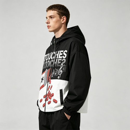 Graphic Music Note Pill DTG Print Patchwork Hooded Jacket | Music Sonic-Wear Color Block Jacket | Custom Streetwear
