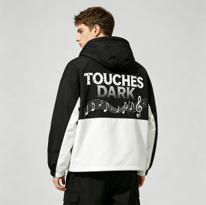 Graphic Music Note Pill DTG Print Patchwork Hooded Jacket | Music Sonic-Wear Color Block Jacket | Custom Streetwear