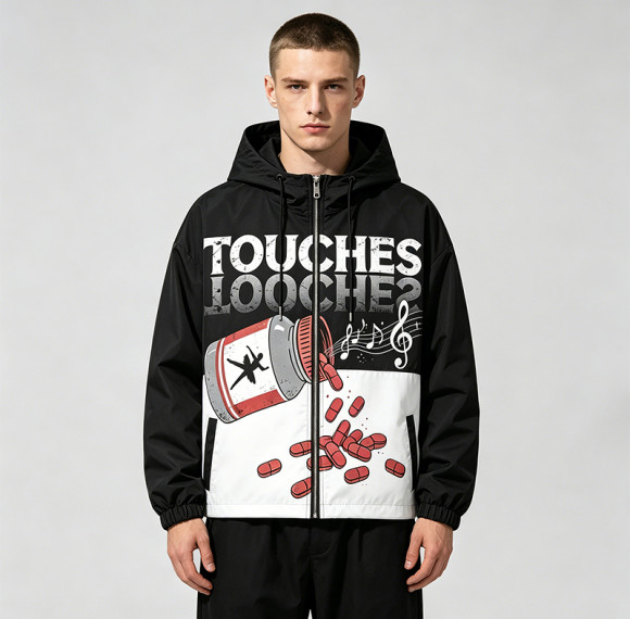 Graphic Music Note Pill DTG Print Patchwork Hooded Jacket | Music Sonic-Wear Color Block Jacket | Custom Streetwear
