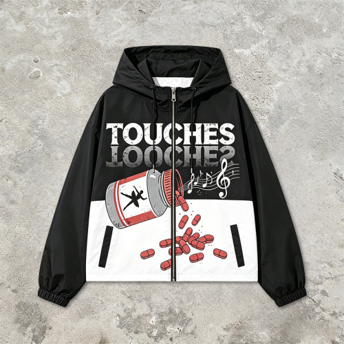Graphic Music Note Pill DTG Print Patchwork Hooded Jacket | Music Sonic-Wear Color Block Jacket | Custom Streetwear