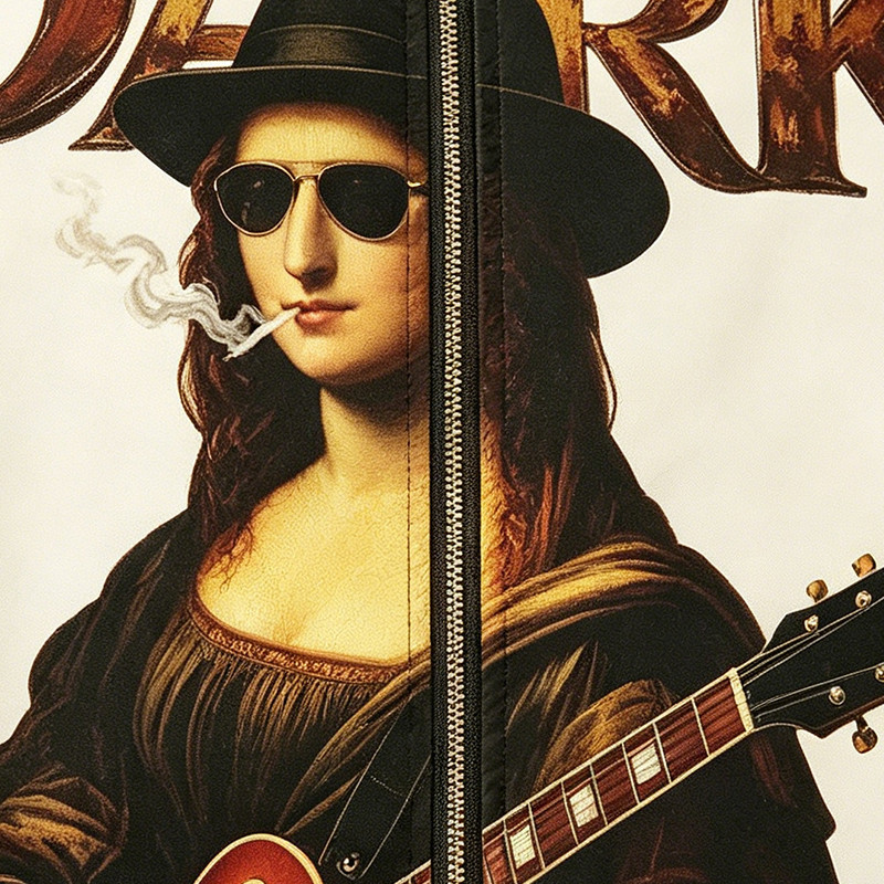 Patchwork Color Block DTG Print Mona Lisa Guitar Hooded Jacket