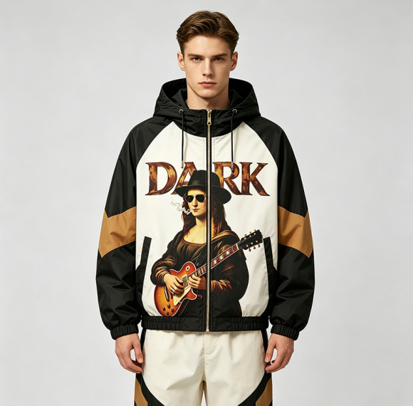 Patchwork Color Block DTG Print Mona Lisa Guitar Hooded Jacket | Sonic-Wear Jacket | Clothing Manufacturer