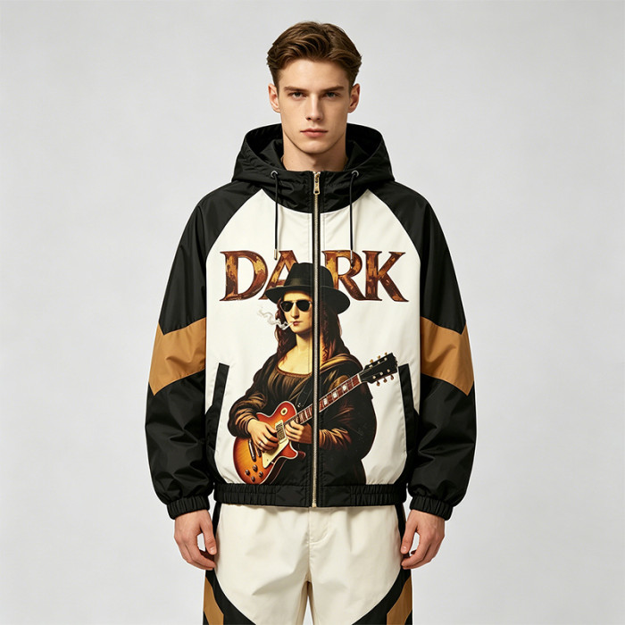 Patchwork Color Block DTG Print Mona Lisa Guitar Hooded Jacket | Sonic-Wear Jacket | Clothing Manufacturer