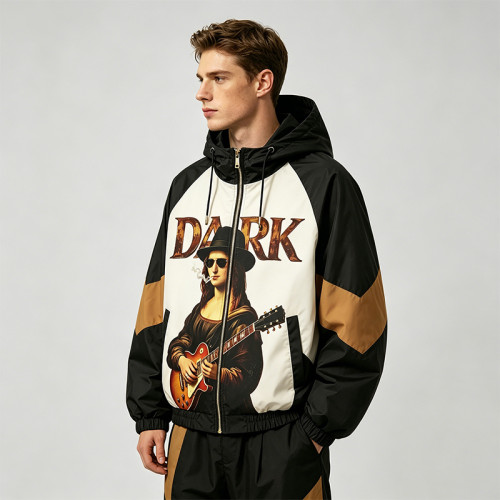 Patchwork Color Block DTG Print Mona Lisa Guitar Hooded Jacket | Sonic-Wear Jacket | Clothing Manufacturer