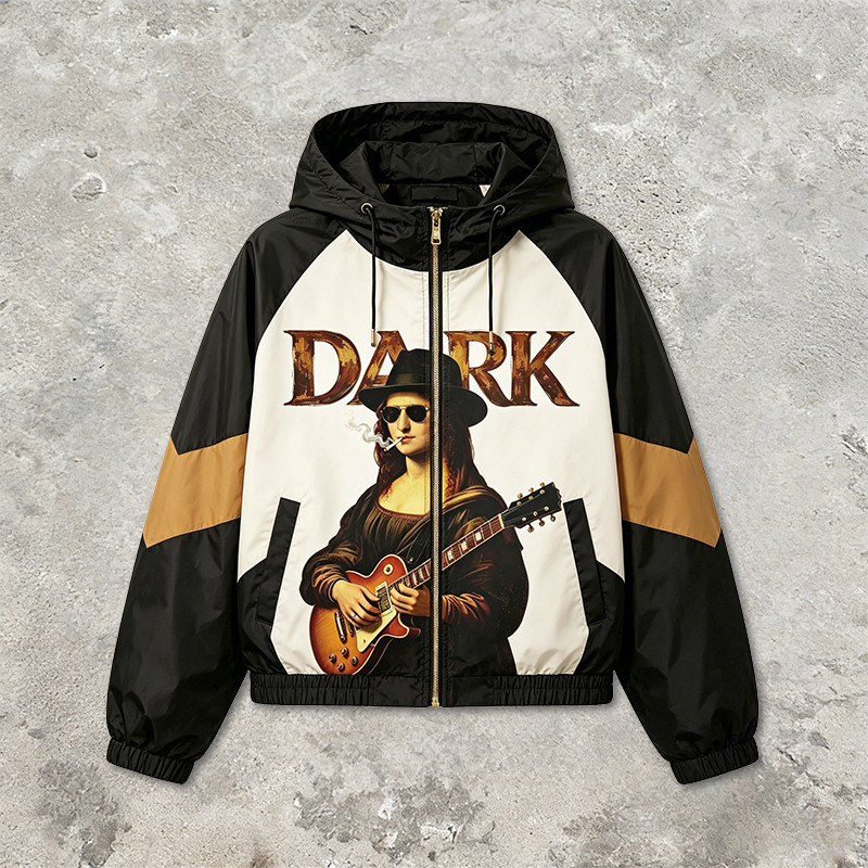 Patchwork Color Block DTG Print Mona Lisa Guitar Hooded Jacket