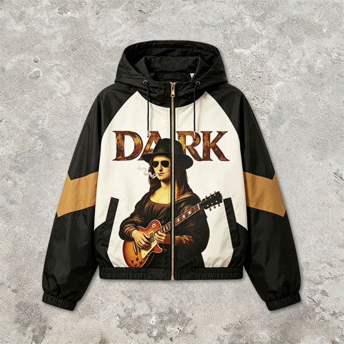 Patchwork Color Block DTG Print Mona Lisa Guitar Hooded Jacket | Sonic-Wear Jacket | Clothing Manufacturer