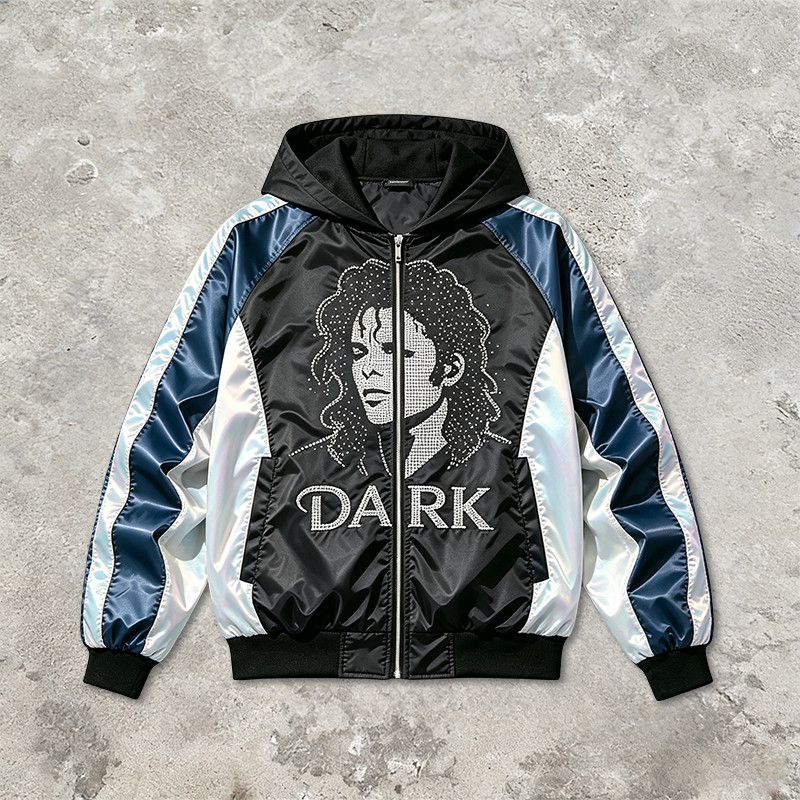 Rhinestone Patchwork Color Block Hooded Jacket