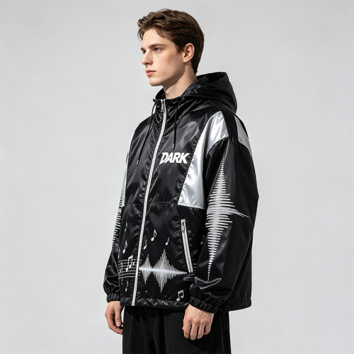 Black Silver Color Block Sonic Note Patchwork Screen Print Hooded Jacket | Sonic-wear Windbreaker | Custom Streetwear