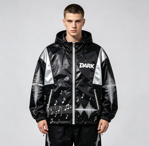 Black Silver Color Block Sonic Note Patchwork Screen Print Hooded Jacket | Sonic-wear Windbreaker | Custom Streetwear