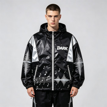 Black Silver Color Block Sonic Note Patchwork Screen Print Hooded Jacket | Sonic-wear Windbreaker | Custom Streetwear