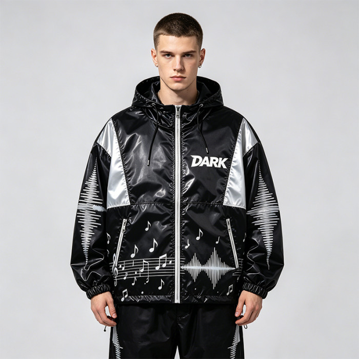 Black Silver Color Block Sonic Note Patchwork Screen Print Hooded Jacket | Sonic-wear Windbreaker | Custom Streetwear