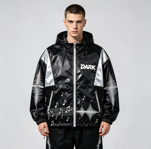 Black Silver Color Block Sonic Note Patchwork Screen Print Hooded Jacket | Sonic-wear Windbreaker | Custom Streetwear