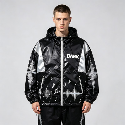 Black Silver Color Block Sonic Note Patchwork Screen Print Hooded Jacket | Sonic-wear Windbreaker | Custom Streetwear