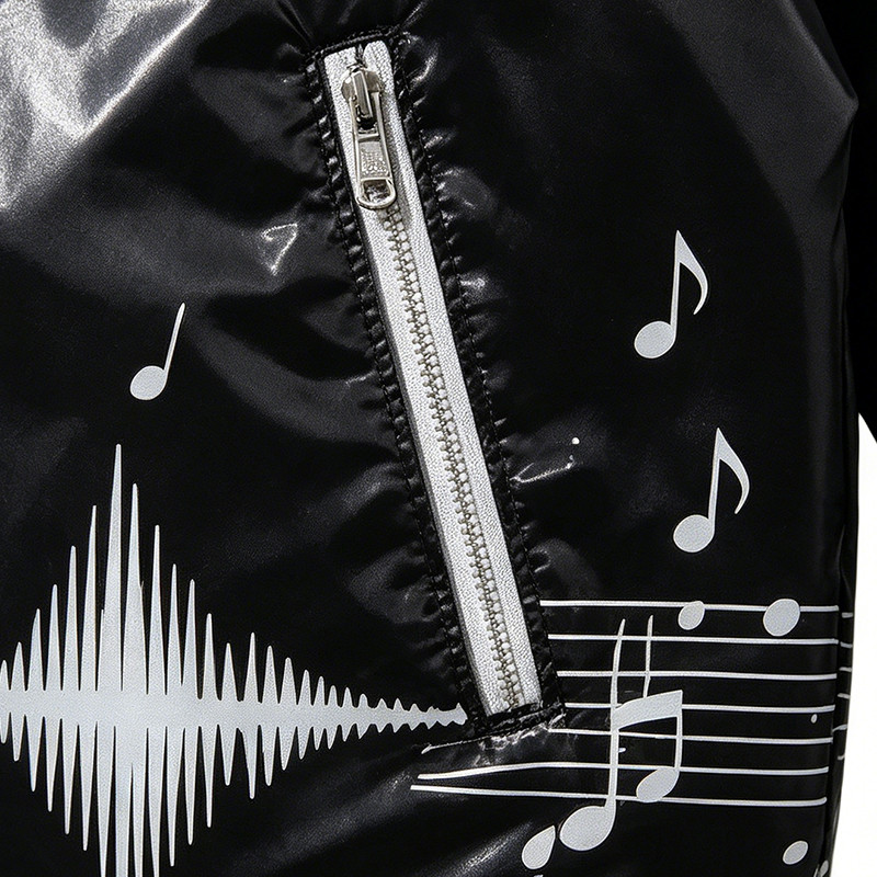 Black Silver Color Block Sonic Note Patchwork Screen Print Hooded Jacket