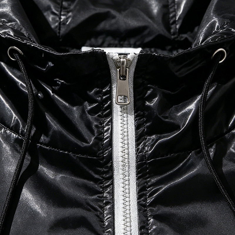 Black Silver Color Block Sonic Note Patchwork Screen Print Hooded Jacket