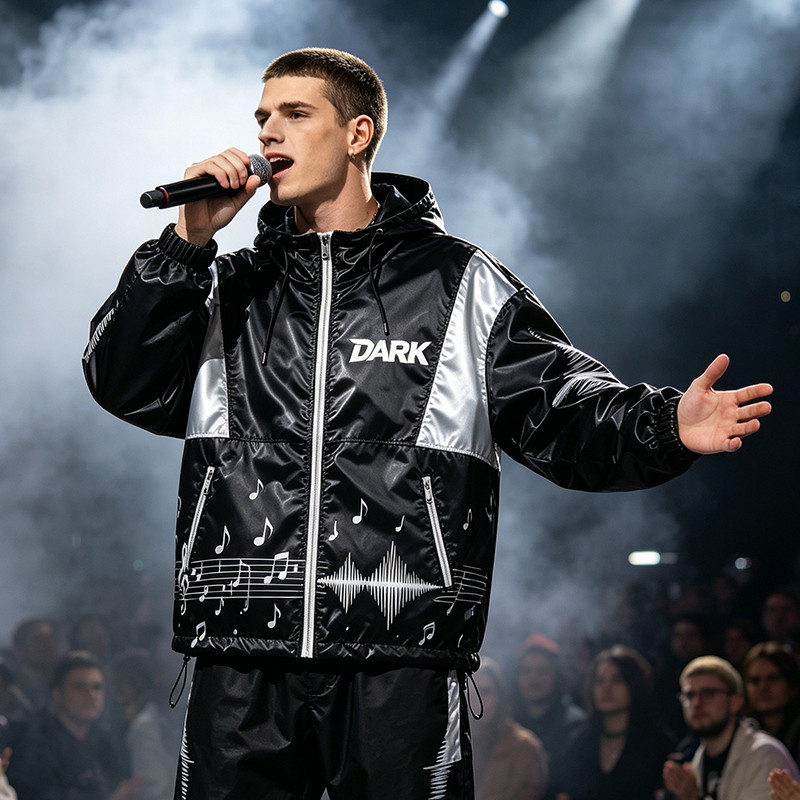Black Silver Color Block Sonic Note Patchwork Screen Print Hooded Jacket