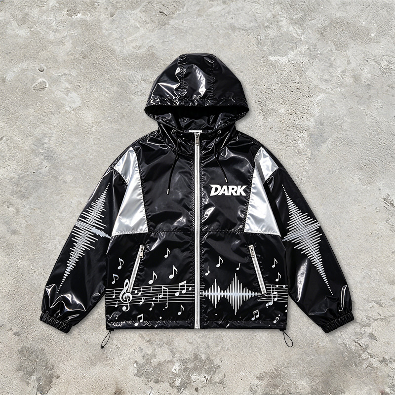 Black Silver Color Block Sonic Note Patchwork Screen Print Hooded Jacket