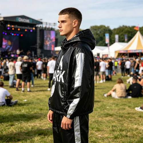 Patchwork Screen Print Hooded Half Zip Jacket | Color Block Sonic-Wear Top | Streetwear Manufacturer