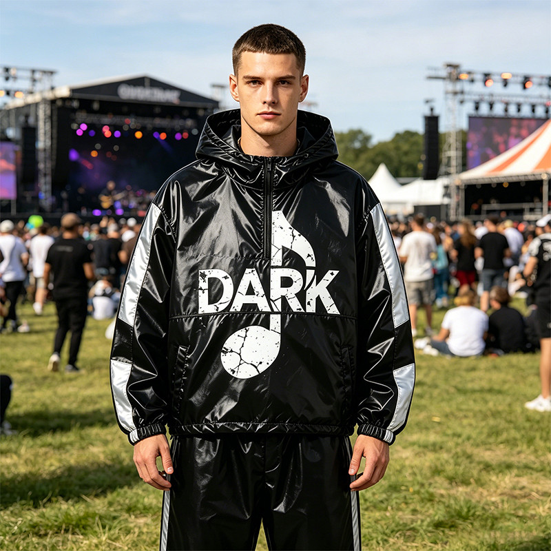 Patchwork Screen Print Hooded Half Zip Jacket
