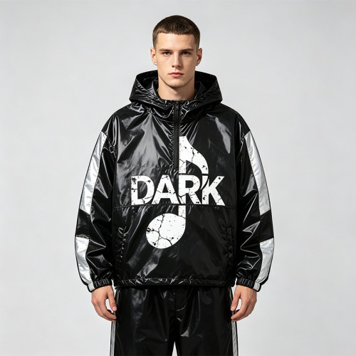 Patchwork Screen Print Hooded Half Zip Jacket | Color Block Sonic-Wear Top | Streetwear Manufacturer