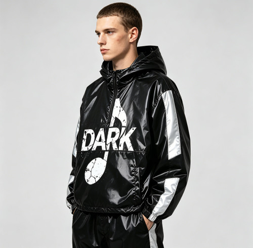 Patchwork Screen Print Hooded Half Zip Jacket | Color Block Sonic-Wear Top | Streetwear Manufacturer