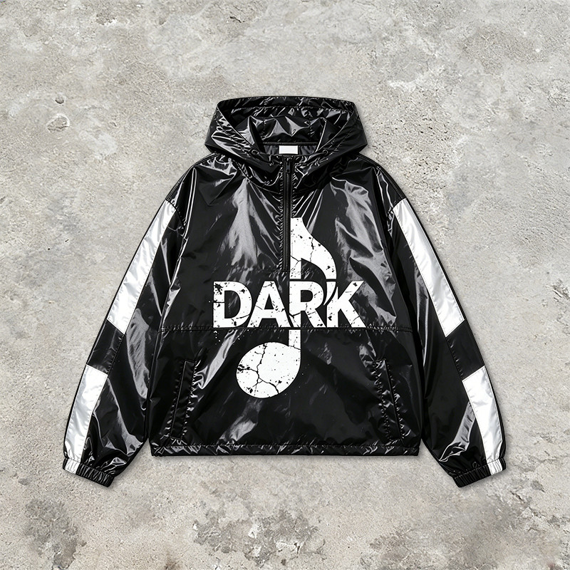Patchwork Screen Print Hooded Half Zip Jacket
