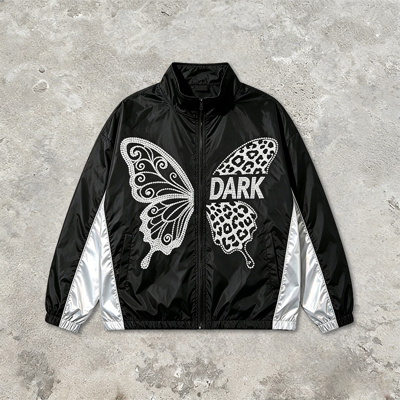 Butterfly Rhinestone Zip Up Patchwork Jacket