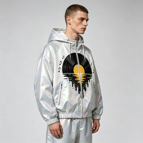 DTG Screen Print Holographic Vinyl Record Music Hooded Jacket |Sonic-Wear Streetwear | Custom Streetwear