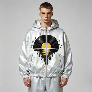 DTG Screen Print Holographic Vinyl Record Music Hooded Jacket |Sonic-Wear Streetwear | Custom Streetwear