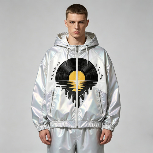 DTG Screen Print Holographic Vinyl Record Music Hooded Jacket |Sonic-Wear Streetwear | Custom Streetwear