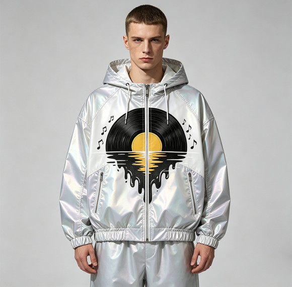 DTG Screen Print Holographic Vinyl Record Music Hooded Jacket |Sonic-Wear Streetwear | Custom Streetwear