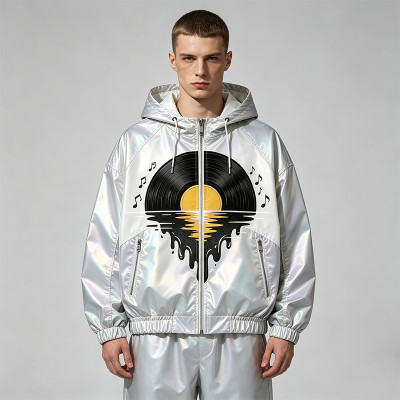 DTG Screen Print Holographic Vinyl Record Music Hooded Jacket |Sonic-Wear Streetwear | Custom Streetwear