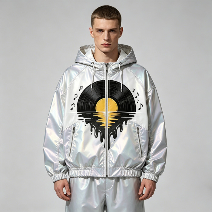 DTG Screen Print Holographic Vinyl Record Music Hooded Jacket |Sonic-Wear Streetwear | Custom Streetwear