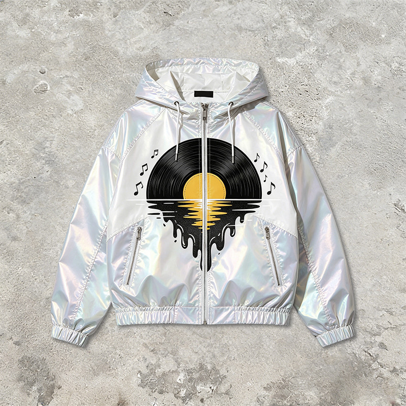 DTG Screen Print Holographic Vinyl Record Music Hooded Jacket