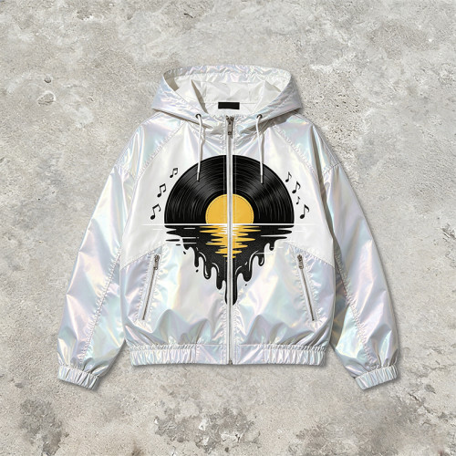 DTG Screen Print Holographic Vinyl Record Music Hooded Jacket |Sonic-Wear Streetwear | Custom Streetwear