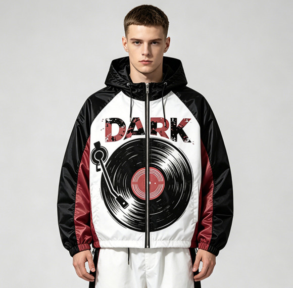 Patchwork Color Block DTG Print Vinyl Record Graphic Jacket | Retro Sonic-Wear Hooded Jacket | Clothing Manufacturer