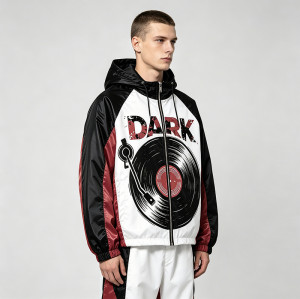 Patchwork Color Block DTG Print Vinyl Record Graphic Jacket | Retro Sonic-Wear Hooded Jacket | Clothing Manufacturer