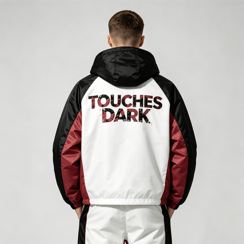 Patchwork Color Block DTG Print Vinyl Record Graphic Jacket | Retro Sonic-Wear Hooded Jacket | Clothing Manufacturer