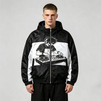 Screen Print DJ Graphic Patchwork Hooded Jacket | Black White Sonic-Wear Streetwear | OEM Streetwear