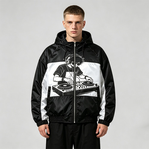 Screen Print DJ Graphic Patchwork Hooded Jacket | Black White Sonic-Wear Streetwear | OEM Streetwear
