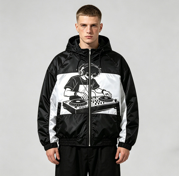 Screen Print DJ Graphic Patchwork Hooded Jacket | Black White Sonic-Wear Streetwear | OEM Streetwear