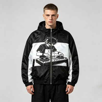 Screen Print DJ Graphic Patchwork Hooded Jacket | Black White Sonic-Wear Streetwear | OEM Streetwear