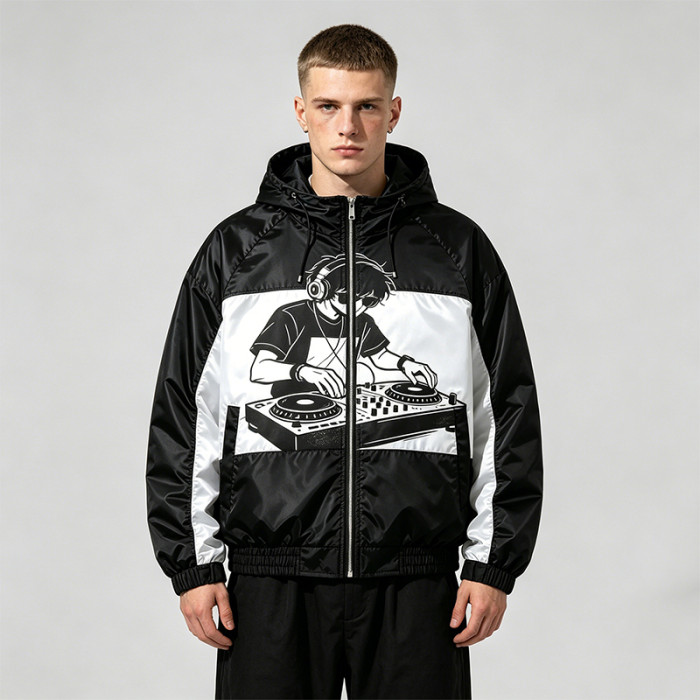 Screen Print DJ Graphic Patchwork Hooded Jacket | Black White Sonic-Wear Streetwear | OEM Streetwear