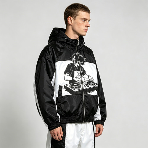 Screen Print DJ Graphic Patchwork Hooded Jacket | Black White Sonic-Wear Streetwear | OEM Streetwear