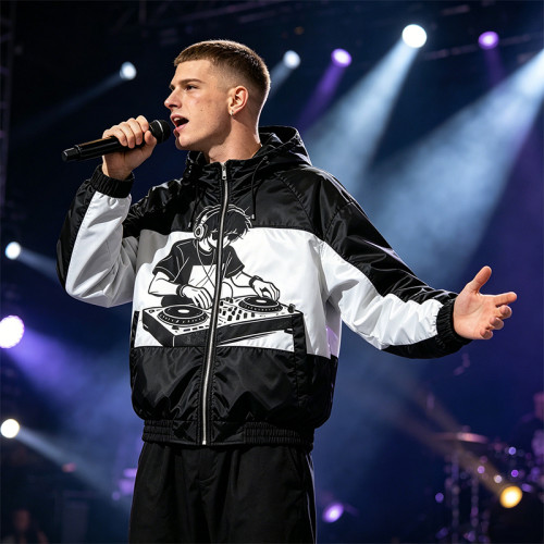 Screen Print DJ Graphic Patchwork Hooded Jacket | Black White Sonic-Wear Streetwear | OEM Streetwear