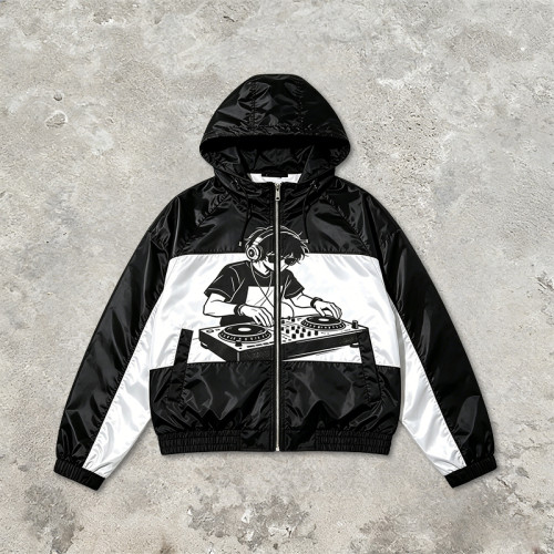 Screen Print DJ Graphic Patchwork Hooded Jacket | Black White Sonic-Wear Streetwear | OEM Streetwear