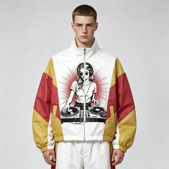 Patchwork DTG and Screen Print Female DJ Stand Collar Jacket | Retro Sonic-Wear Jacket | Streetwear Clothing Manufacturer