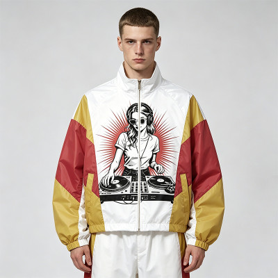 Patchwork DTG and Screen Print Female DJ Stand Collar Jacket | Retro Sonic-Wear Jacket | Streetwear Clothing Manufacturer