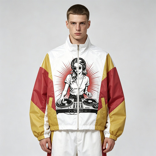 Patchwork DTG and Screen Print Female DJ Stand Collar Jacket | Retro Sonic-Wear Jacket | Streetwear Clothing Manufacturer